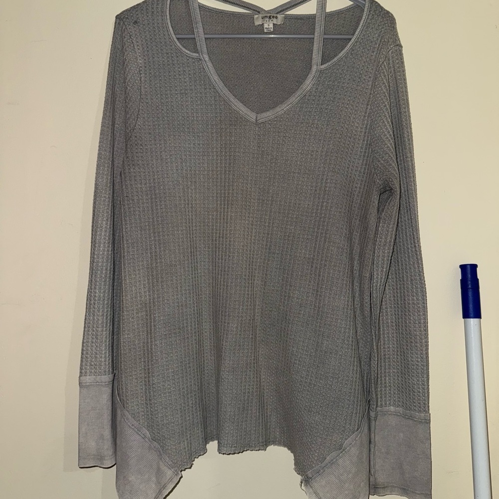Gray V-Neck Long Sleeve Women's Top